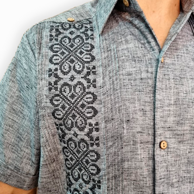 Grey short sleeve embroidered guayabera
