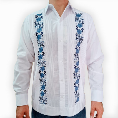 mexican Embroidered blue floral guayabera