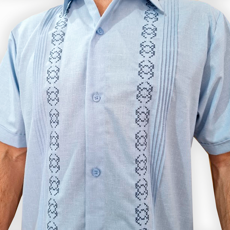 Blue short sleeve embroidered guayabera