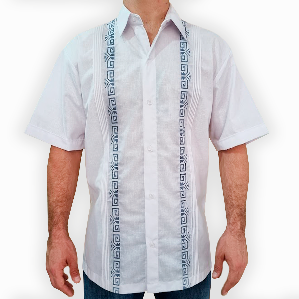 White guayabera blue embroidery