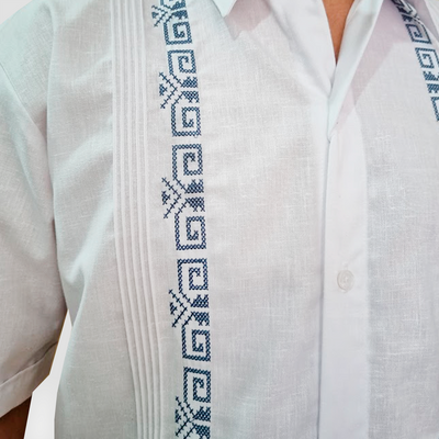 White guayabera blue embroidery shirt