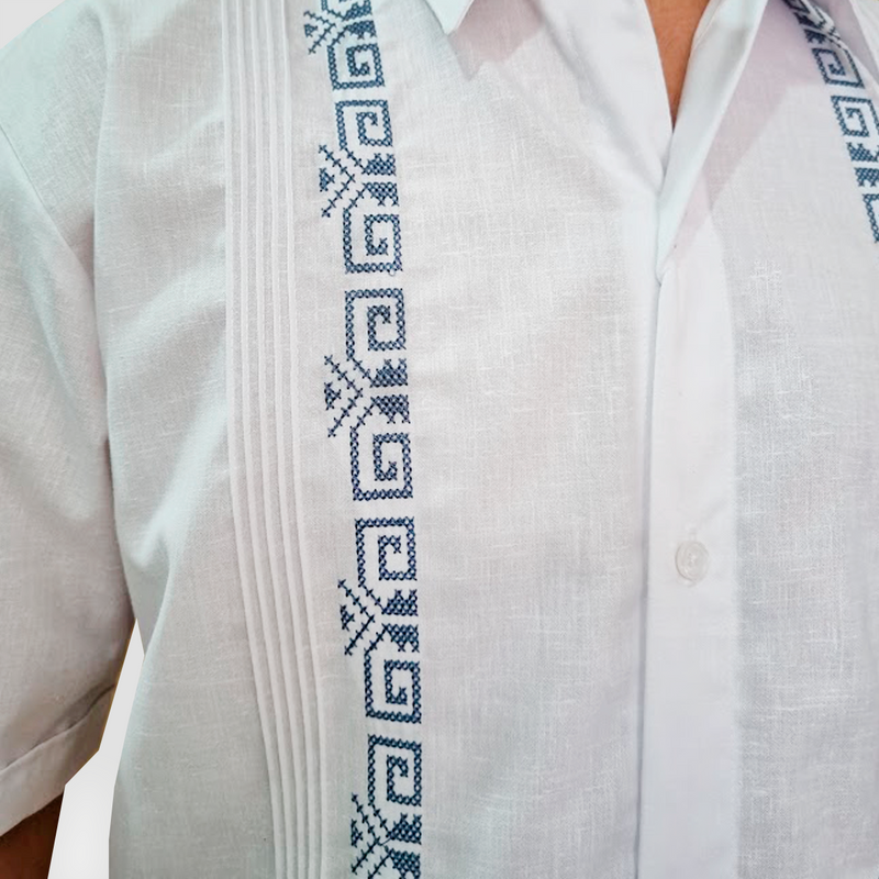 White guayabera blue embroidery