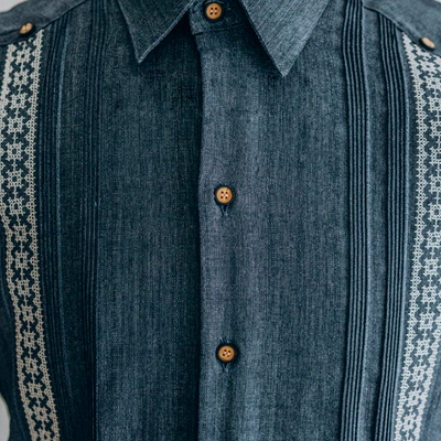 Dark blue embroidered guayabera shirt