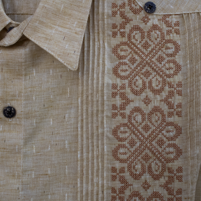 beige short sleeve guayabera embroidered