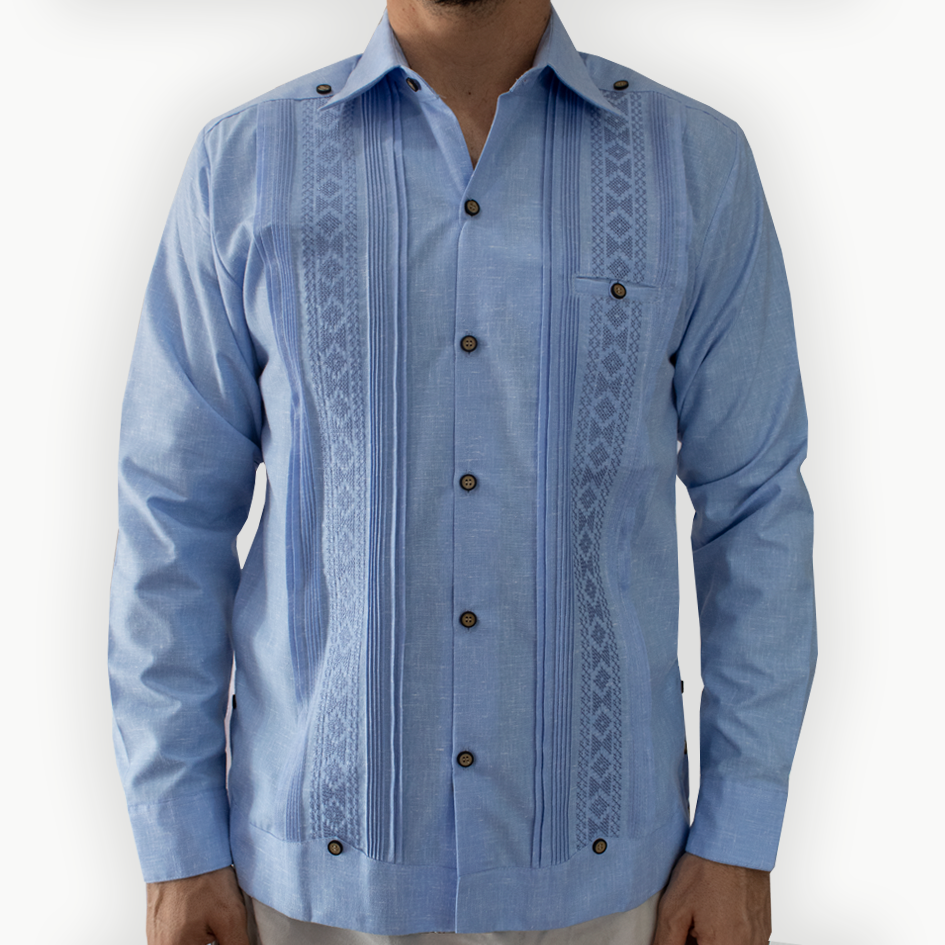 Blue Long Sleeve Embroidered Guayabera