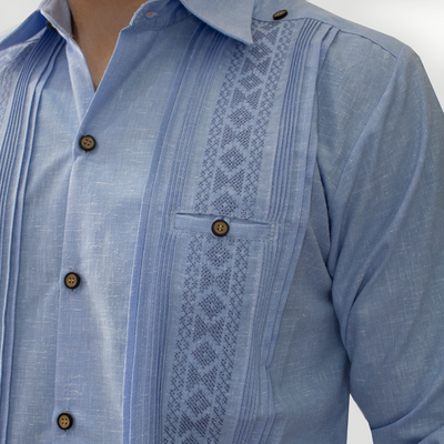mexican Blue Long Sleeve Embroidered Guayabera