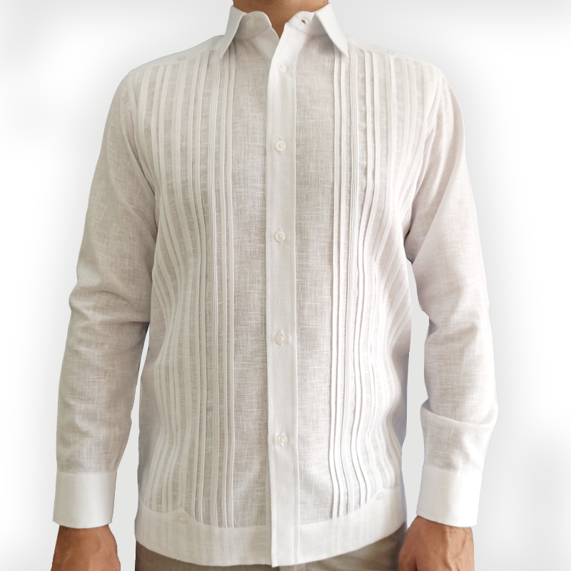 White Long Sleeve Guayabera Linen Horse